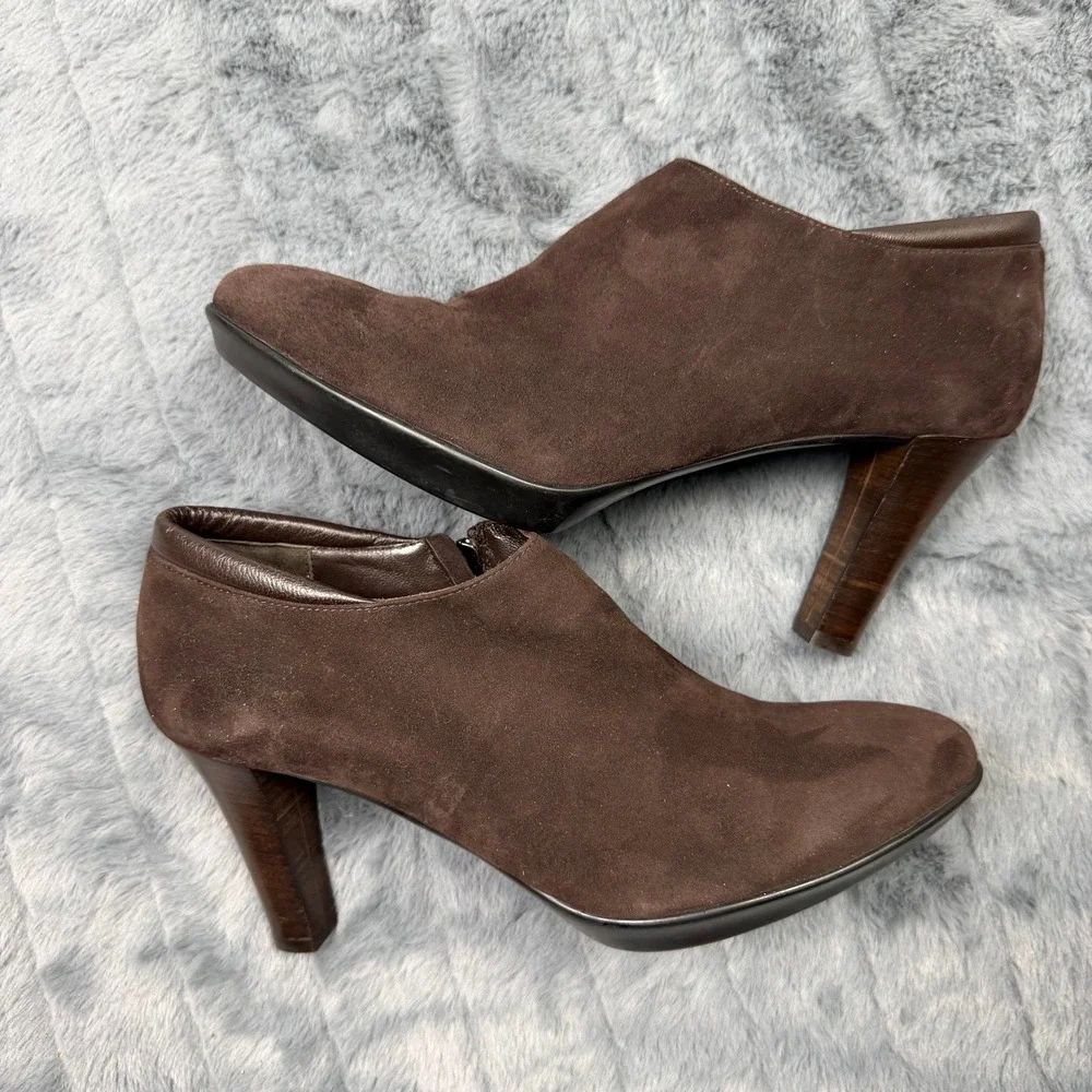 Aquatalia Marvin K Brown Suede Ankle Booties Side Zip Platform Heels Italy 8.5